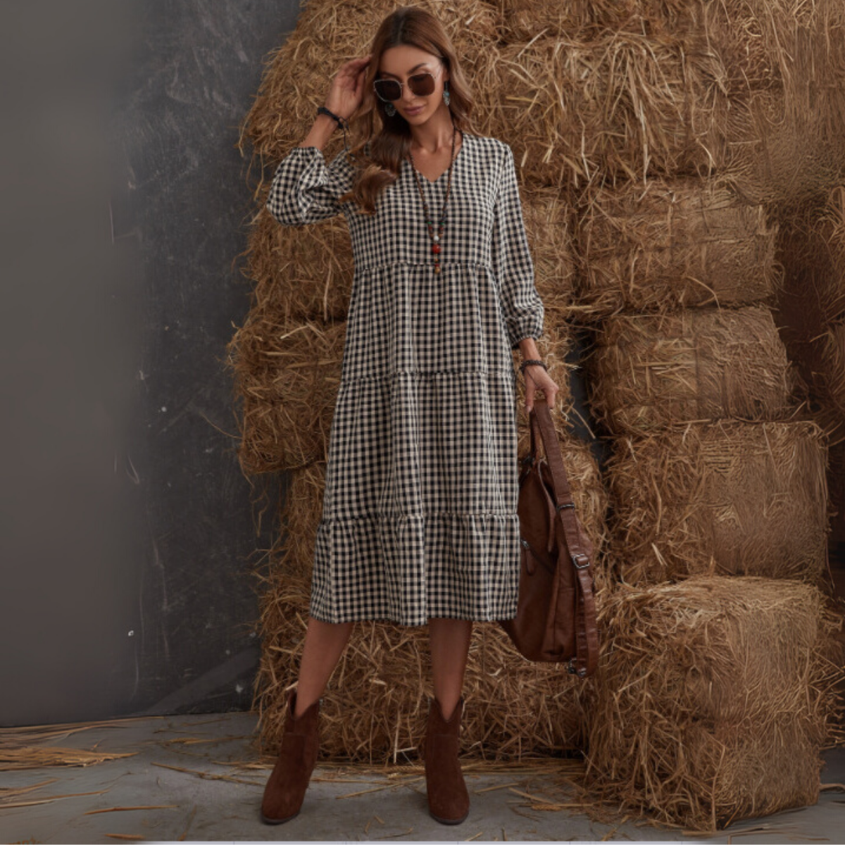 Vestido Midi de Cuadros con Manga Larga Hallstatt