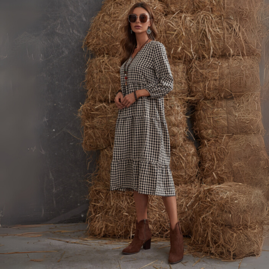 Hallstatt™ | Vestido Midi de Cuadros con Manga Larga