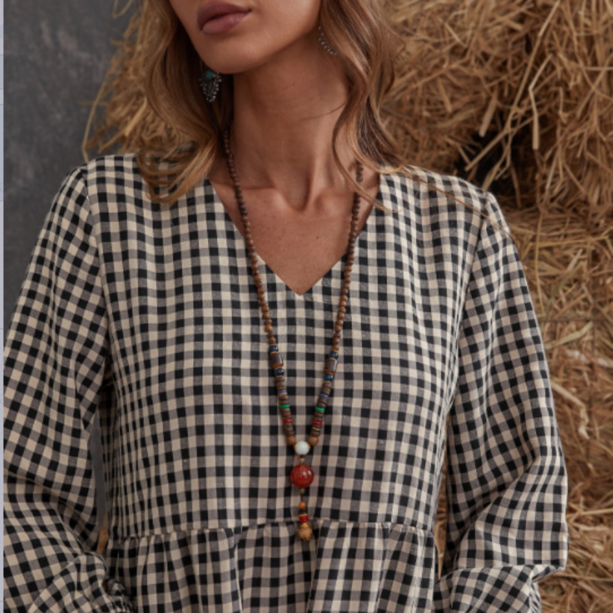 Vestido Midi de Cuadros con Manga Larga Hallstatt