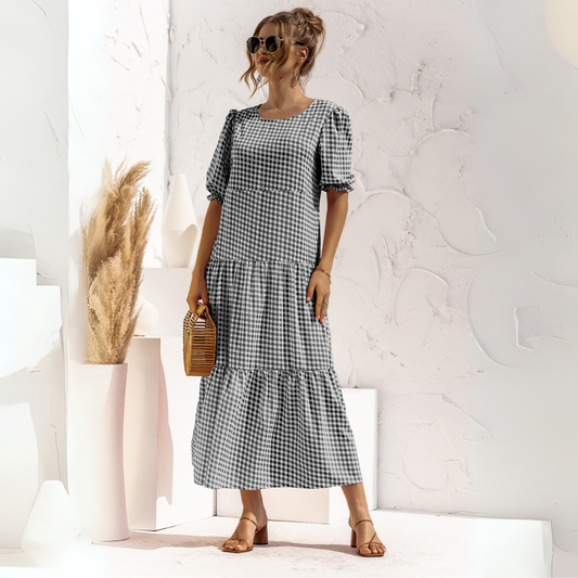 Zagreb™ | Vestido Midi de Cuadros con Manga Corta