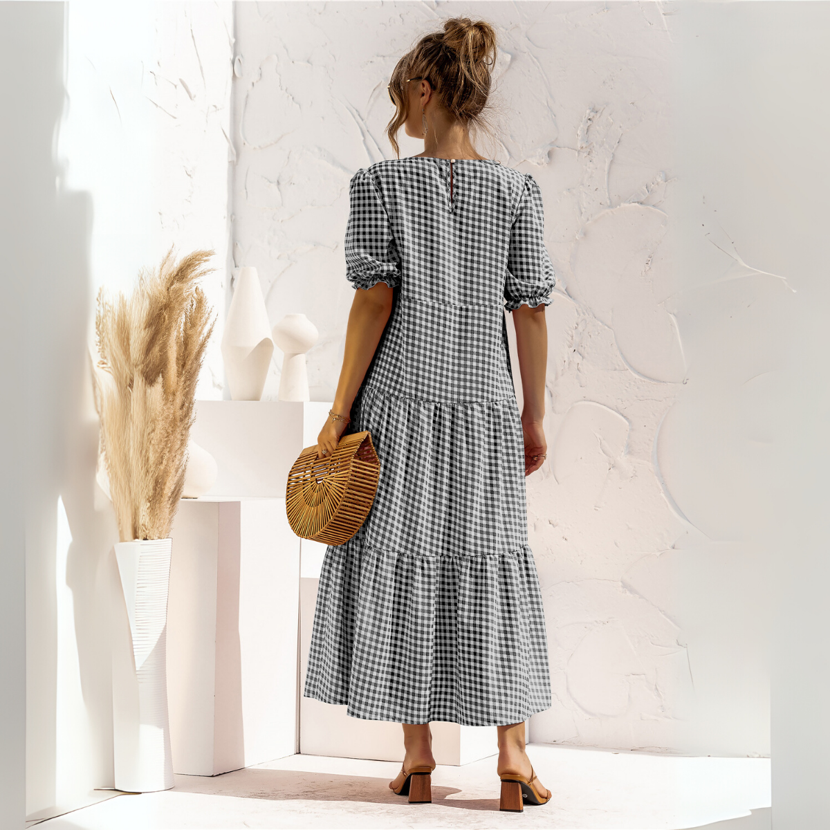Vestido Midi de Cuadros con Manga Corta Zagreb