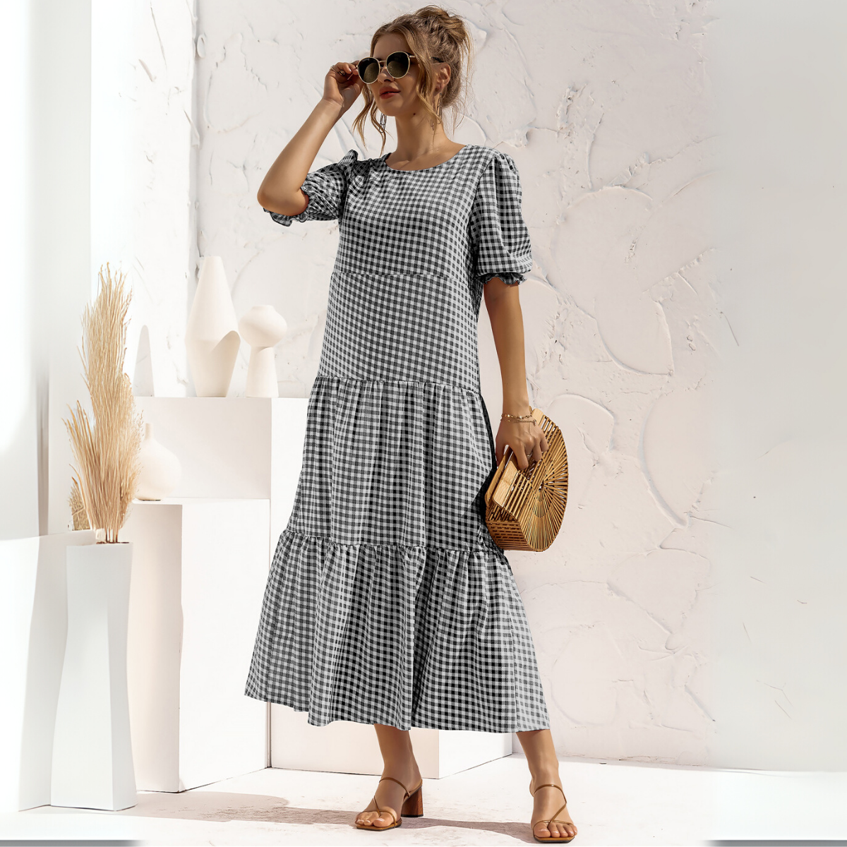 Vestido Midi de Cuadros con Manga Corta Zagreb
