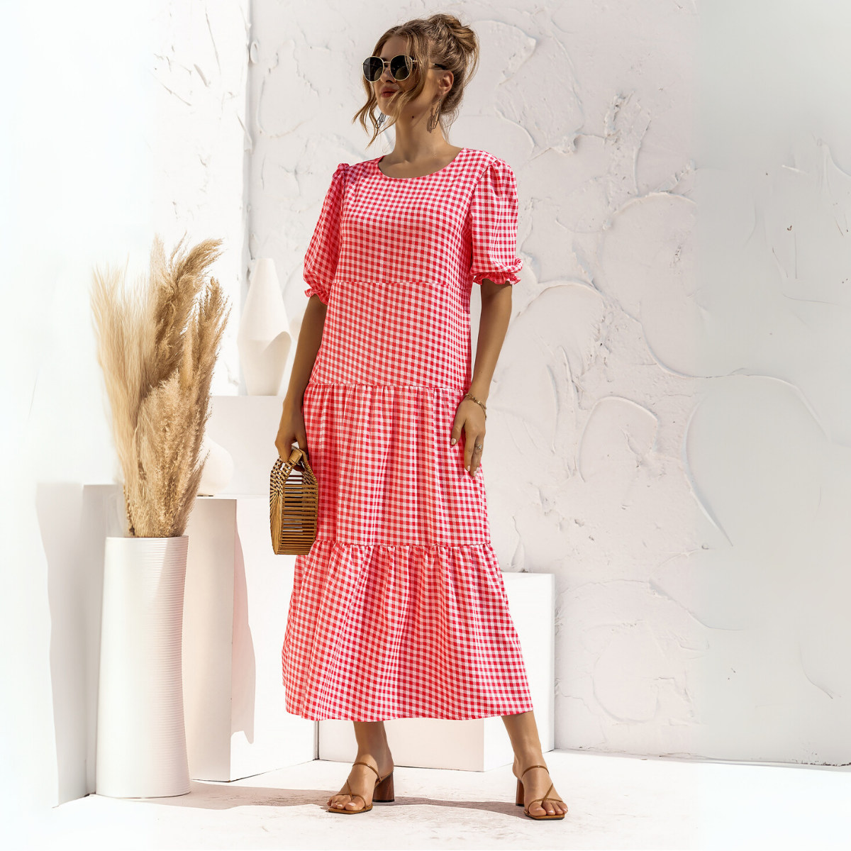 Vestido Midi de Cuadros con Manga Corta Zagreb