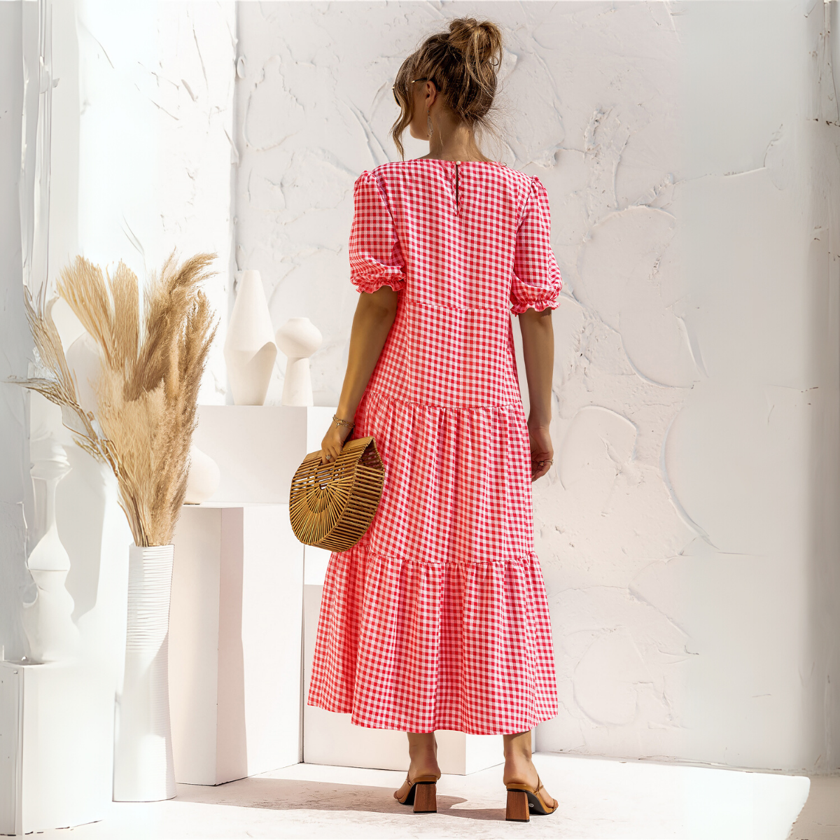 Vestido Midi de Cuadros con Manga Corta Zagreb