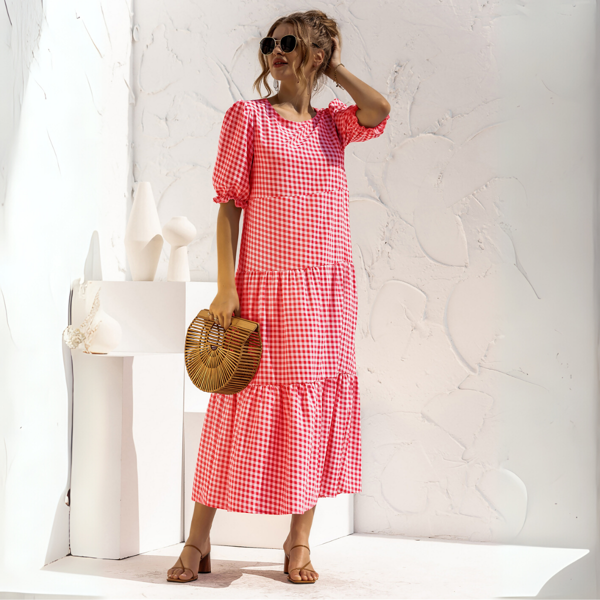 Vestido Midi de Cuadros con Manga Corta Zagreb