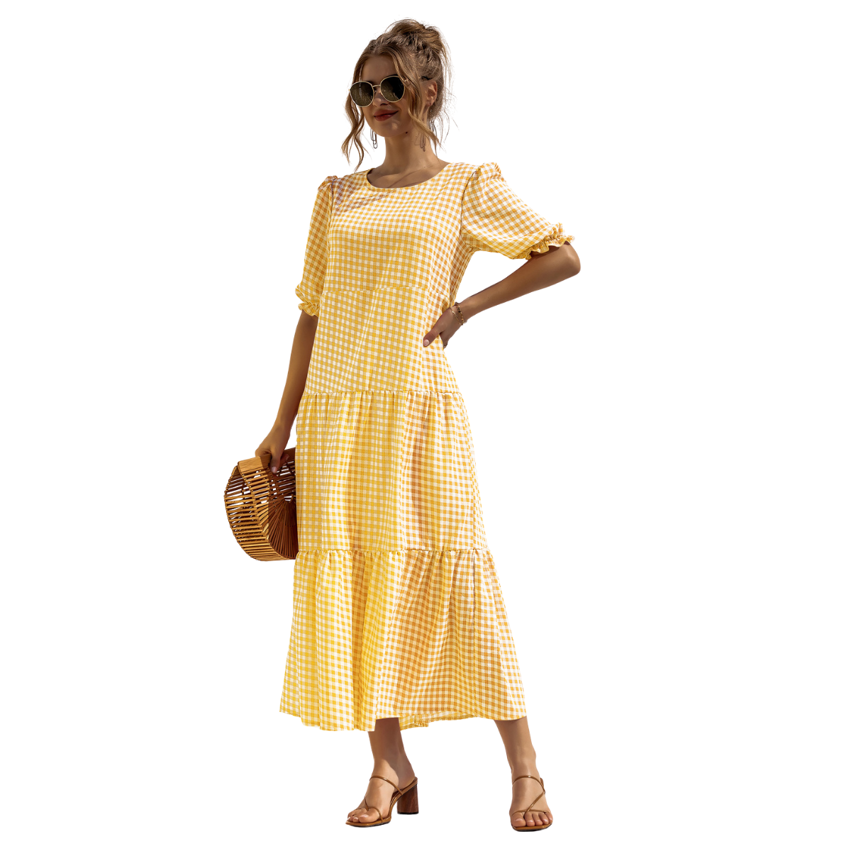 Vestido Midi de Cuadros con Manga Corta Zagreb
