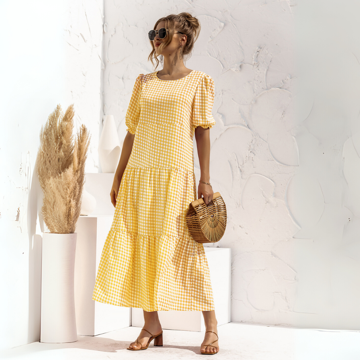 Vestido Midi de Cuadros con Manga Corta Zagreb
