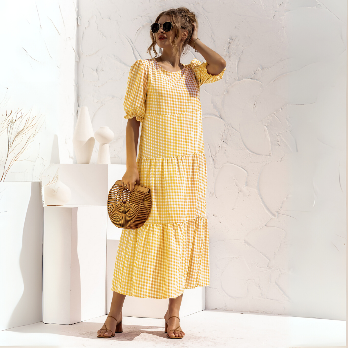 Vestido Midi de Cuadros con Manga Corta Zagreb