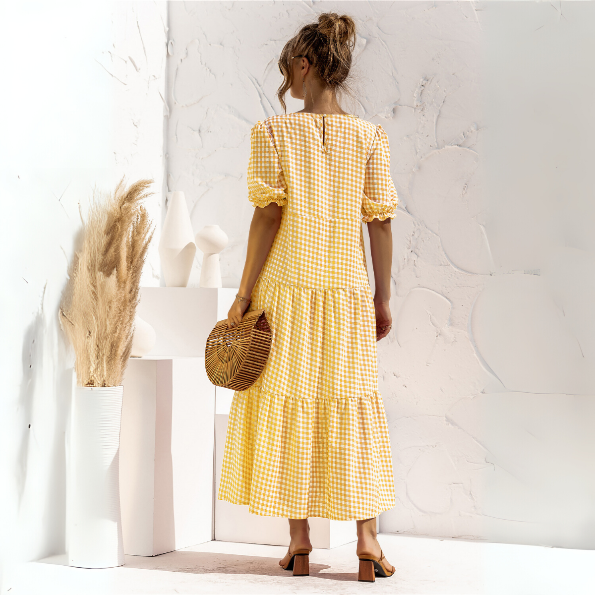 Vestido Midi de Cuadros con Manga Corta Zagreb