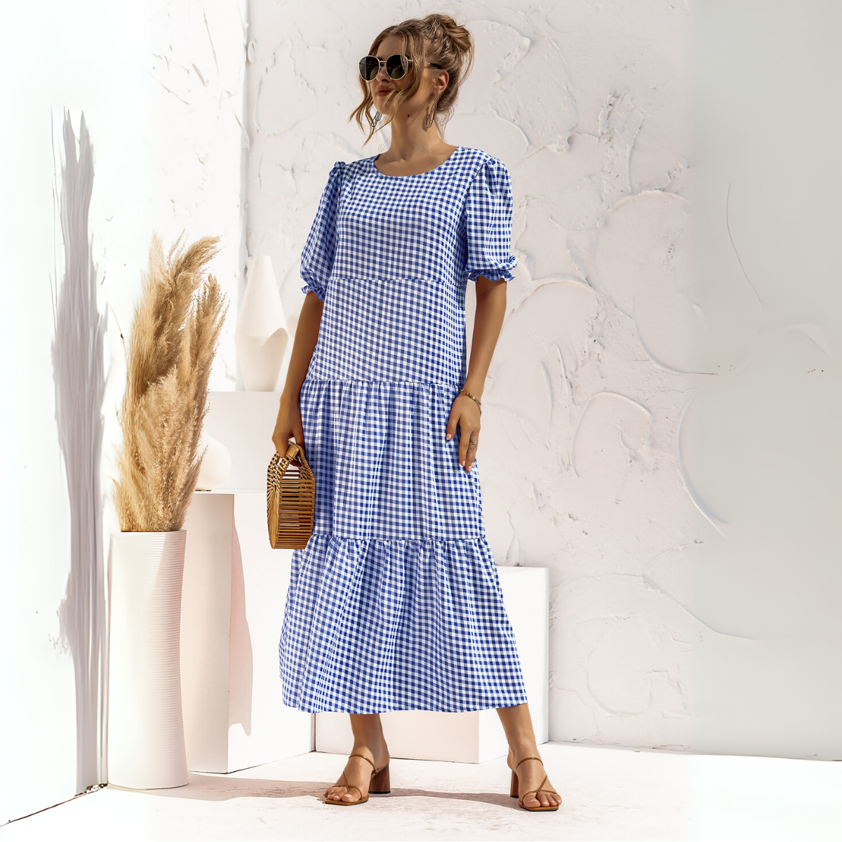 Vestido Midi de Cuadros con Manga Corta Zagreb