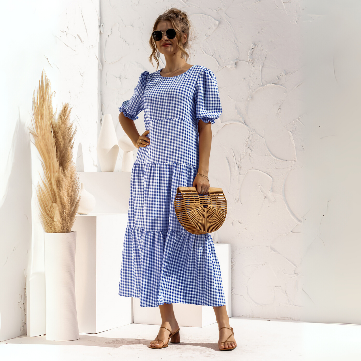 Vestido Midi de Cuadros con Manga Corta Zagreb