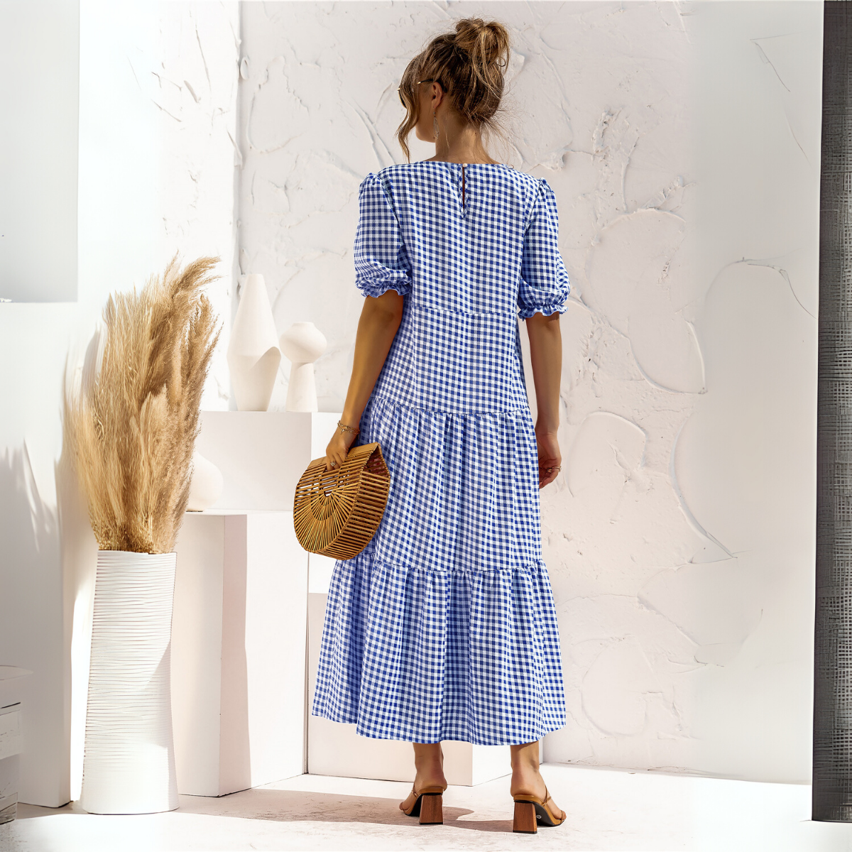 Vestido Midi de Cuadros con Manga Corta Zagreb