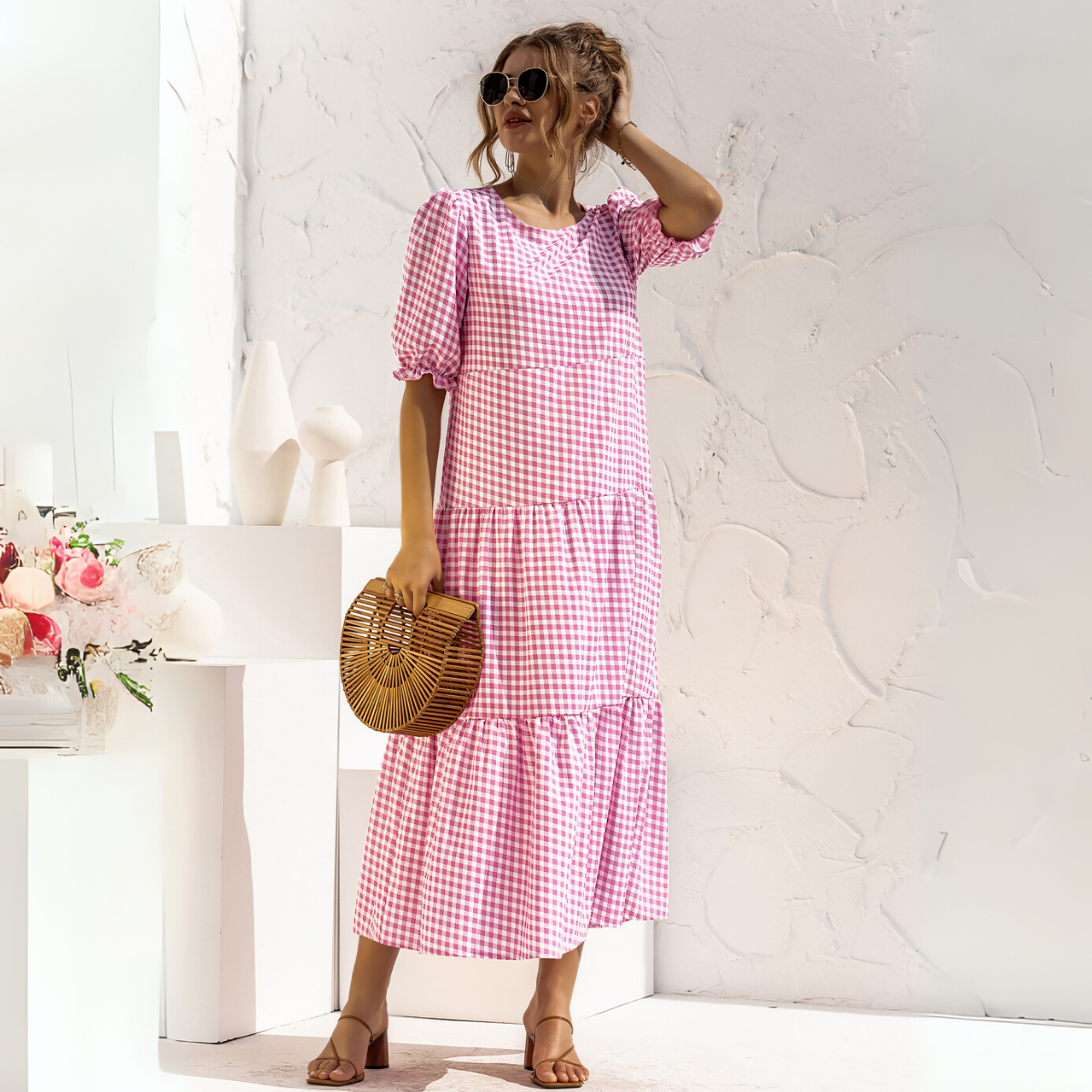 Vestido Midi de Cuadros con Manga Corta Zagreb