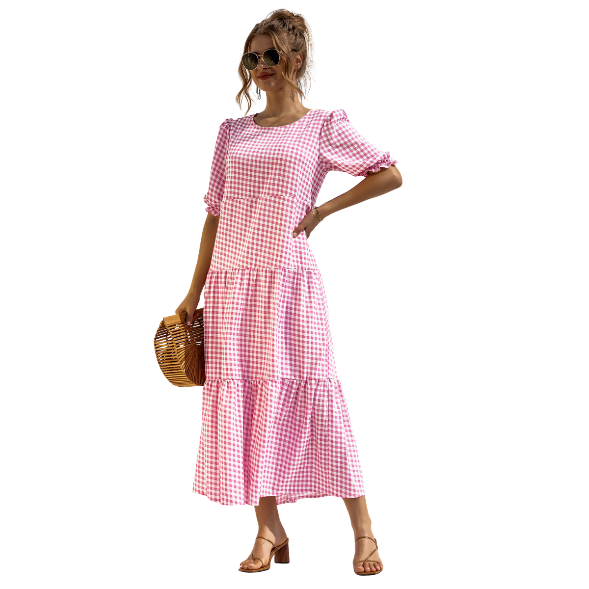 Vestido Midi de Cuadros con Manga Corta Zagreb