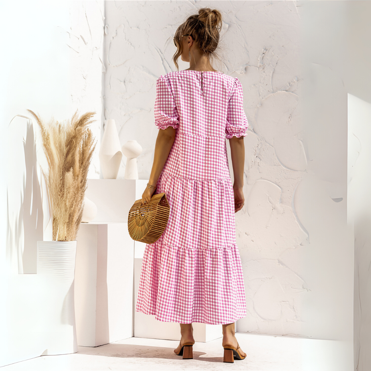 Vestido Midi de Cuadros con Manga Corta Zagreb