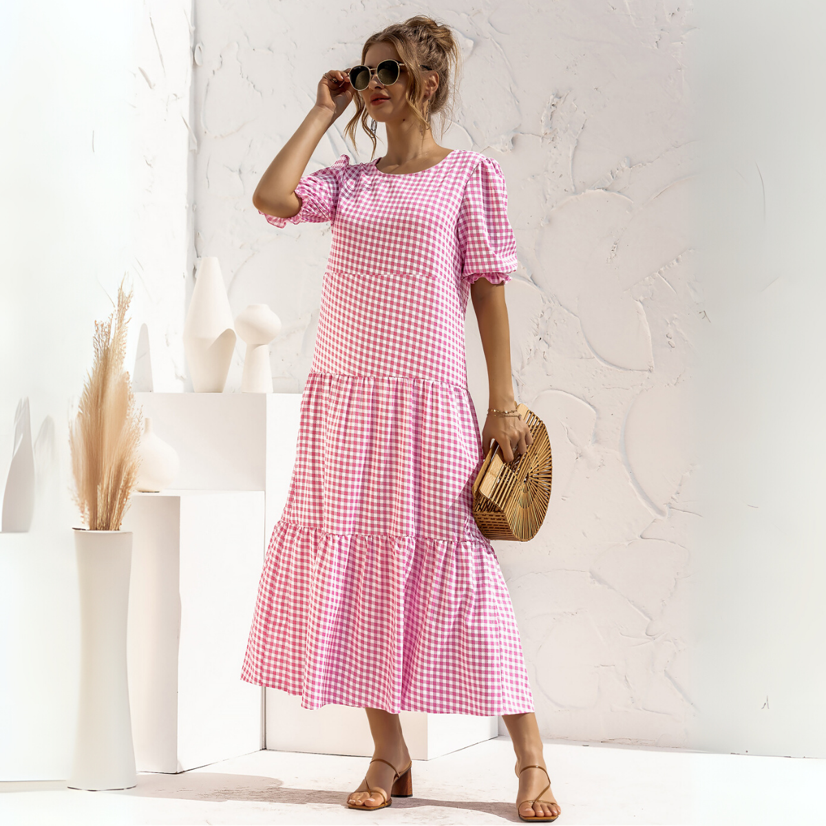 Vestido Midi de Cuadros con Manga Corta Zagreb