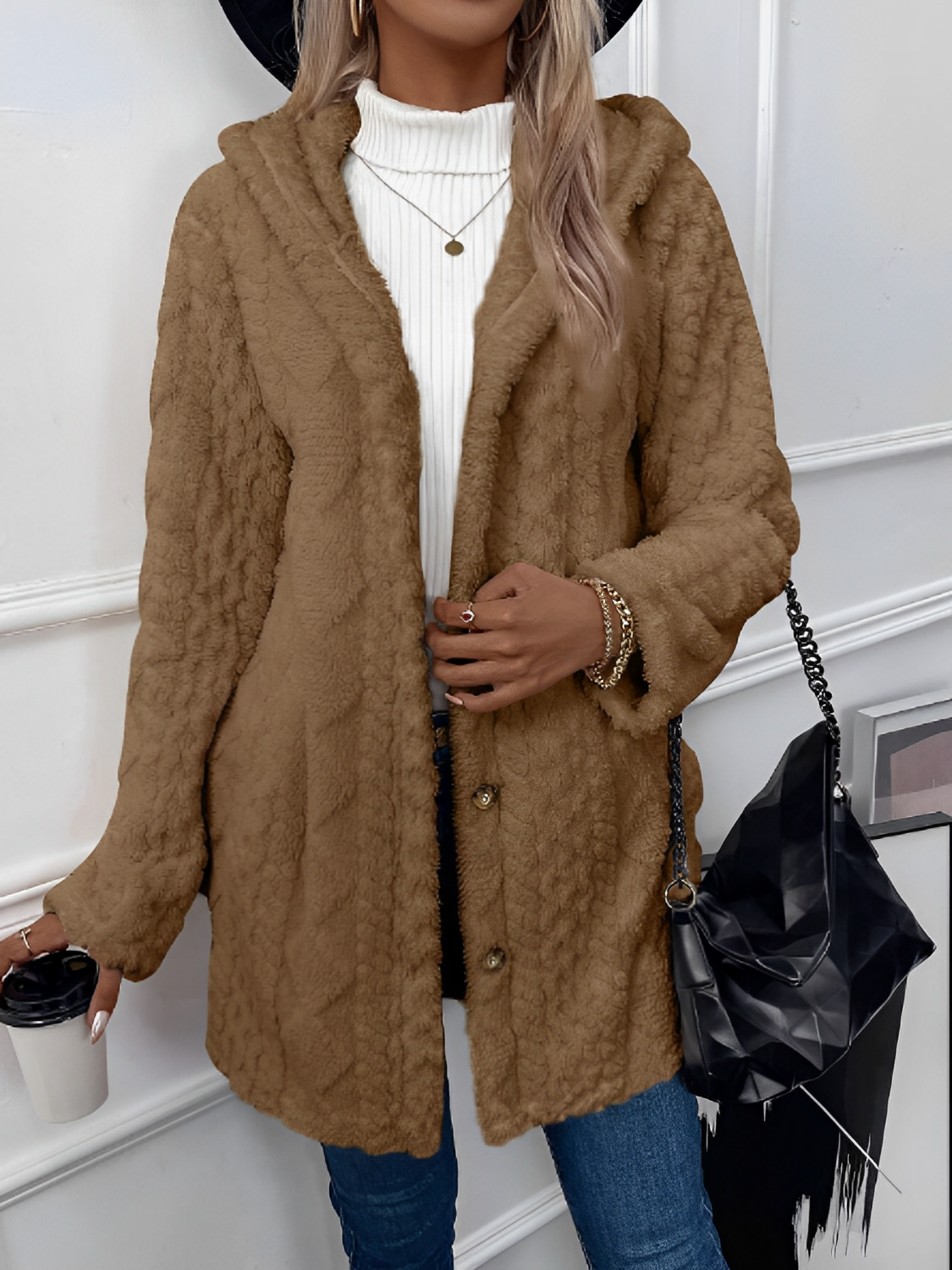Casilda | Abrigo Teddy Peluciado Con Capuz Texturizado Lana