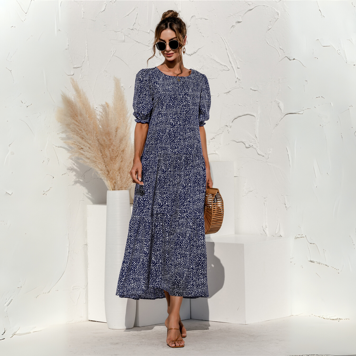Vestido Midi de Cuadros con Manga Corta Zagreb