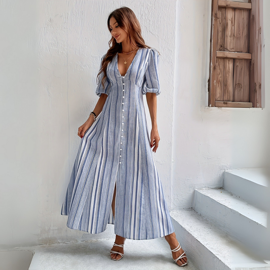 Sardegna™ | Vestido Largo de Rayas de Manga Corta