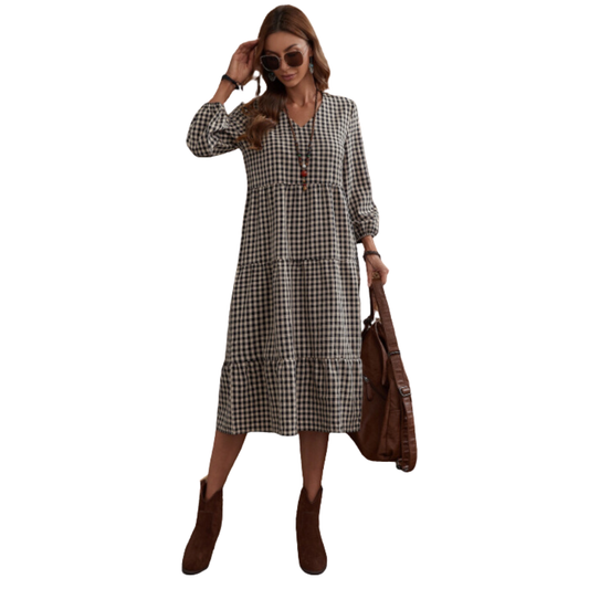 Vestido Midi de Cuadros con Manga Larga Hallstatt