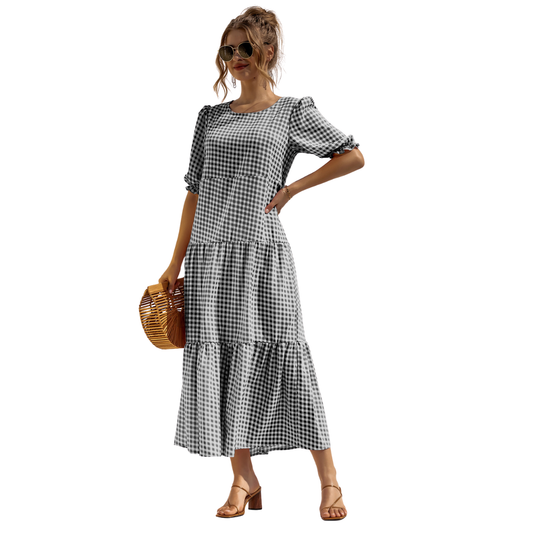 Vestido Midi de Cuadros con Manga Corta Zagreb