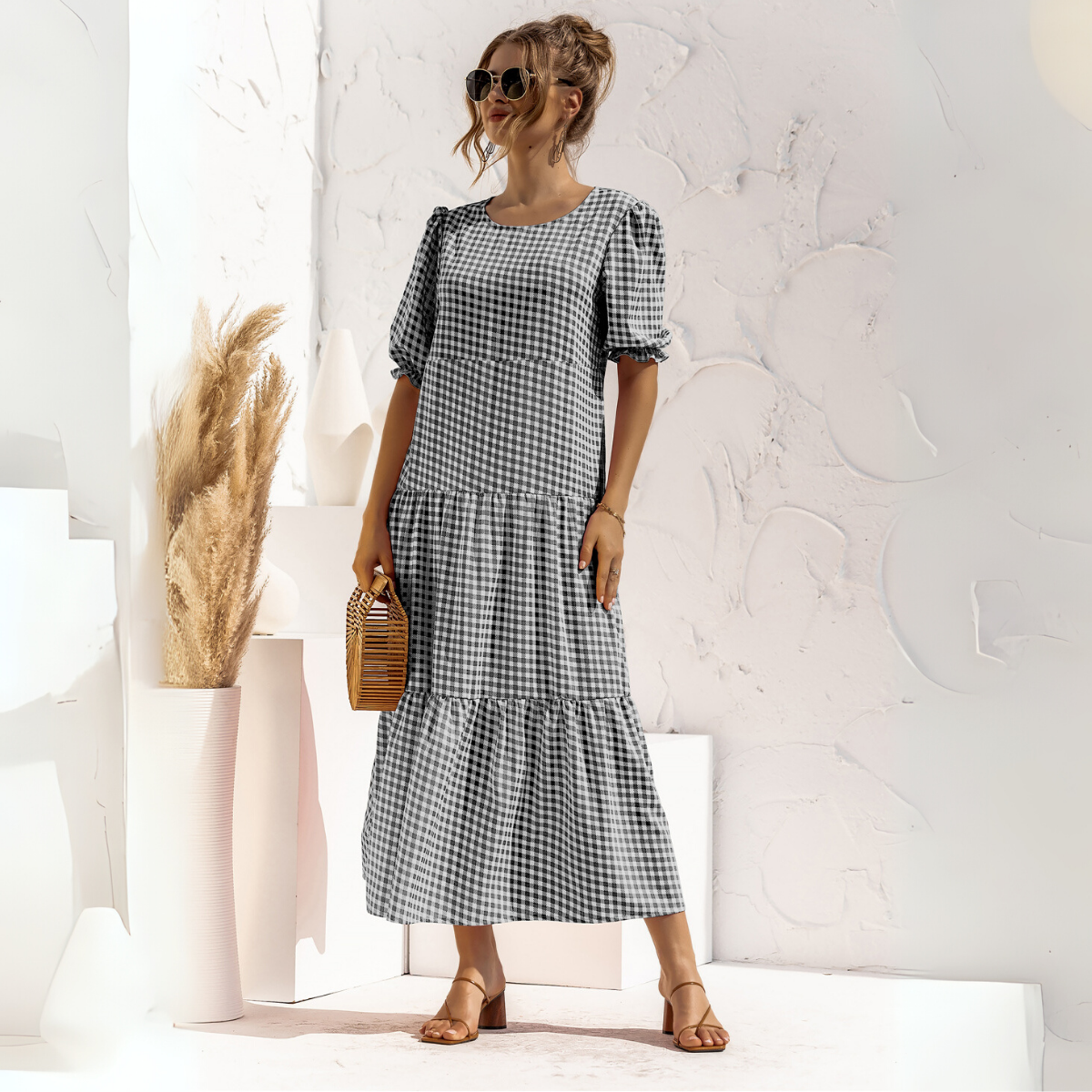 Vestido Midi de Cuadros con Manga Corta Zagreb