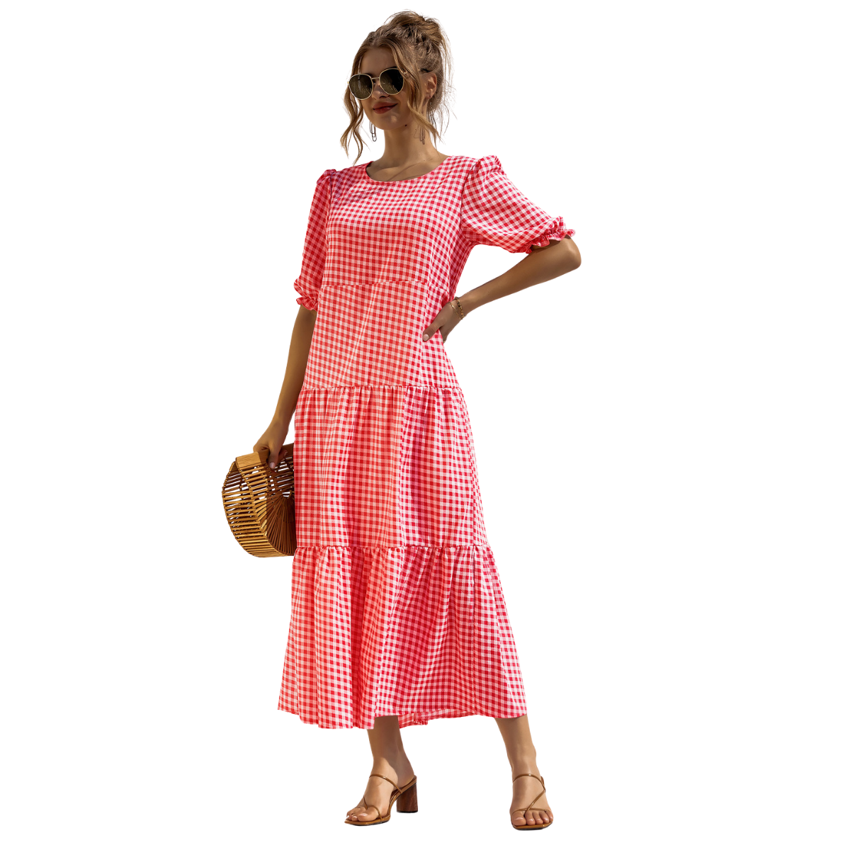 Vestido Midi de Cuadros con Manga Corta Zagreb