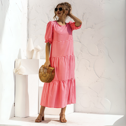 Vestido Midi de Cuadros con Manga Corta Zagreb