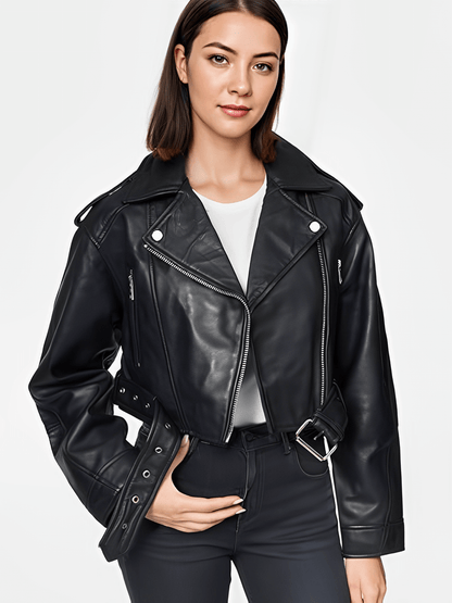 Carlota | Chaqueta corta de piel sintética con cremallera asimétrica