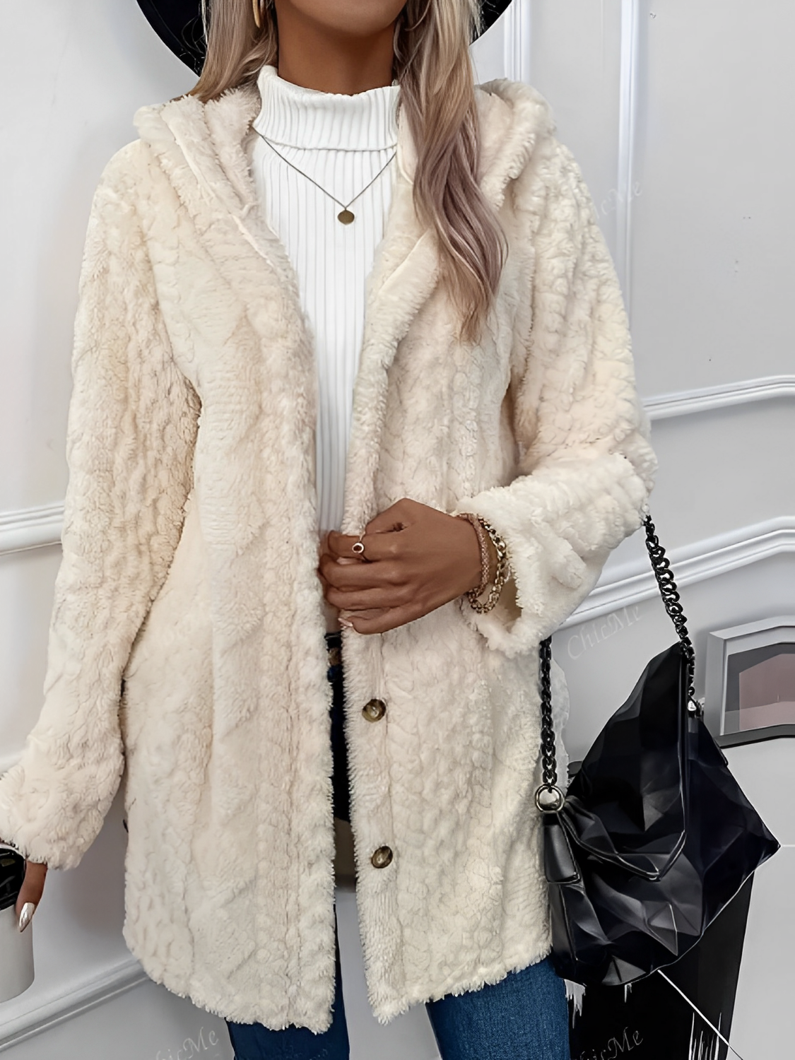 Casilda | Abrigo Teddy Peluciado Con Capuz Texturizado Lana