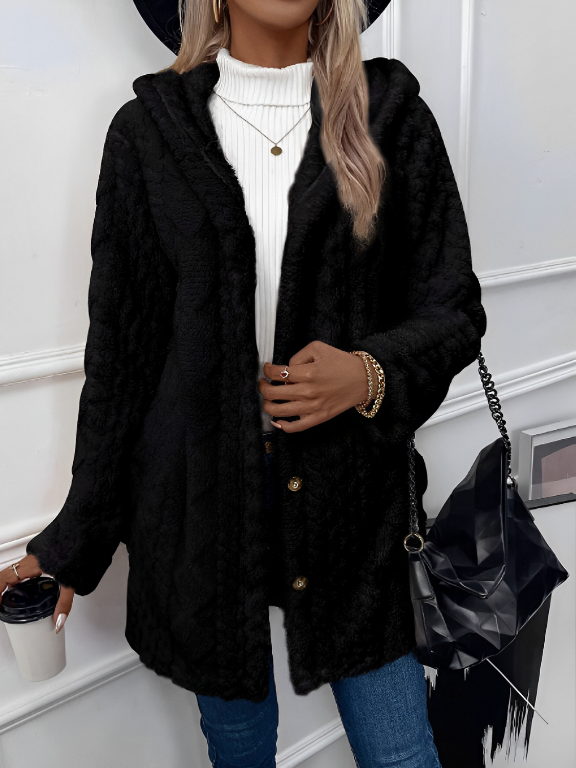 Casilda | Abrigo Teddy Peluciado Con Capuz Texturizado Lana