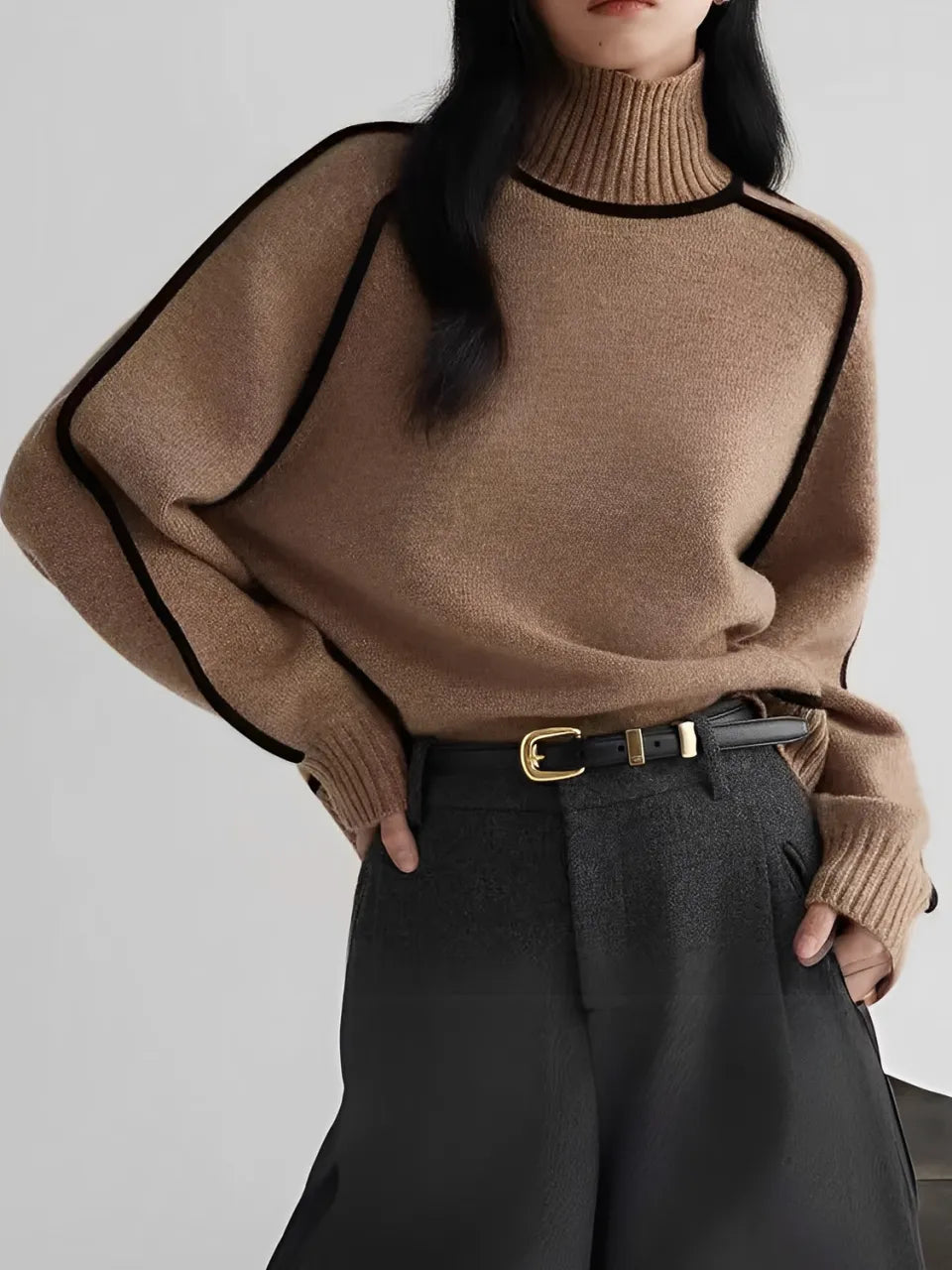 Clarinda | Suéter de punto acanalado con cuello alto y rayas 3D texturizadas