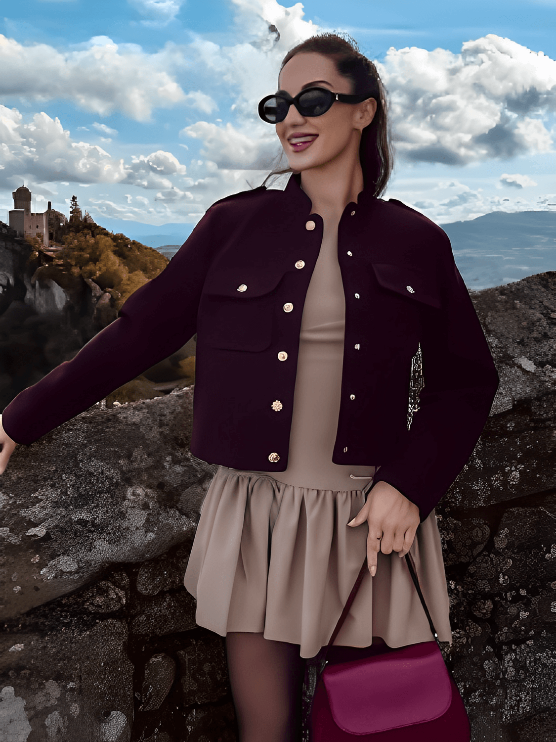 Amparo | Chaqueta Bomber Aveludada Botones Dorados Bolsos