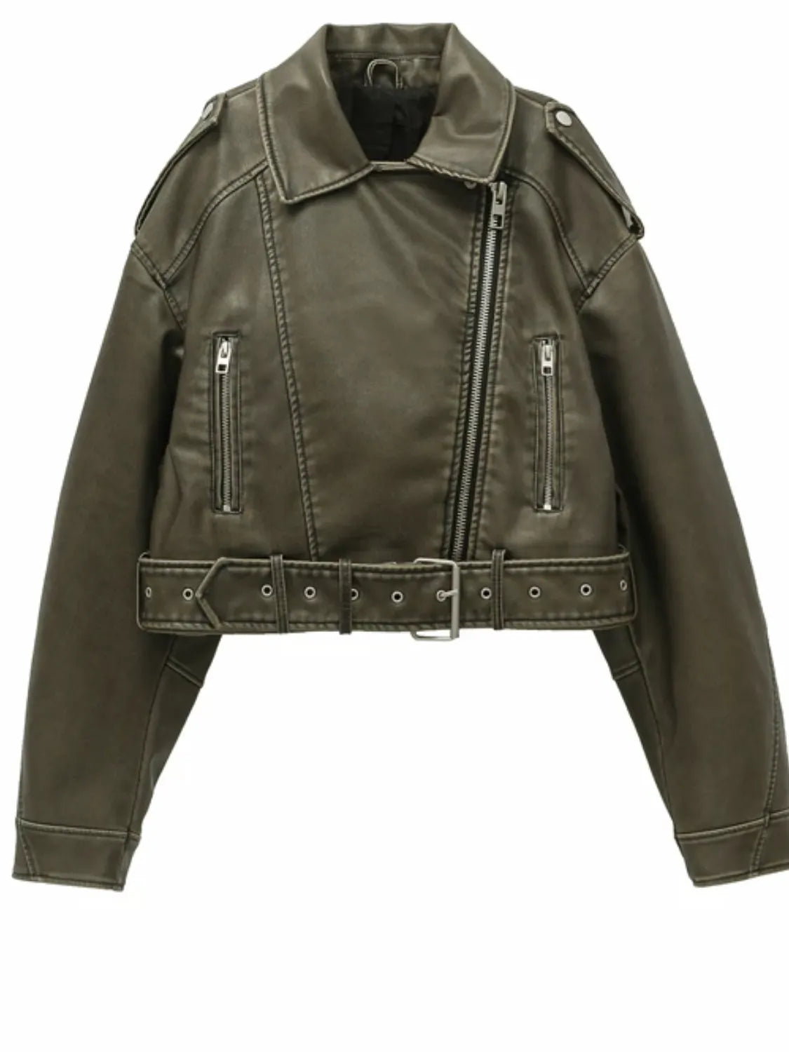 Agripina | Chaqueta de piel sintética con cinturón y cremallera para uso urbano.